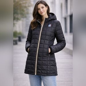 K-Way Quilted Hooded Puffer Jacket Womens Size M Black Lightweight Reversible
